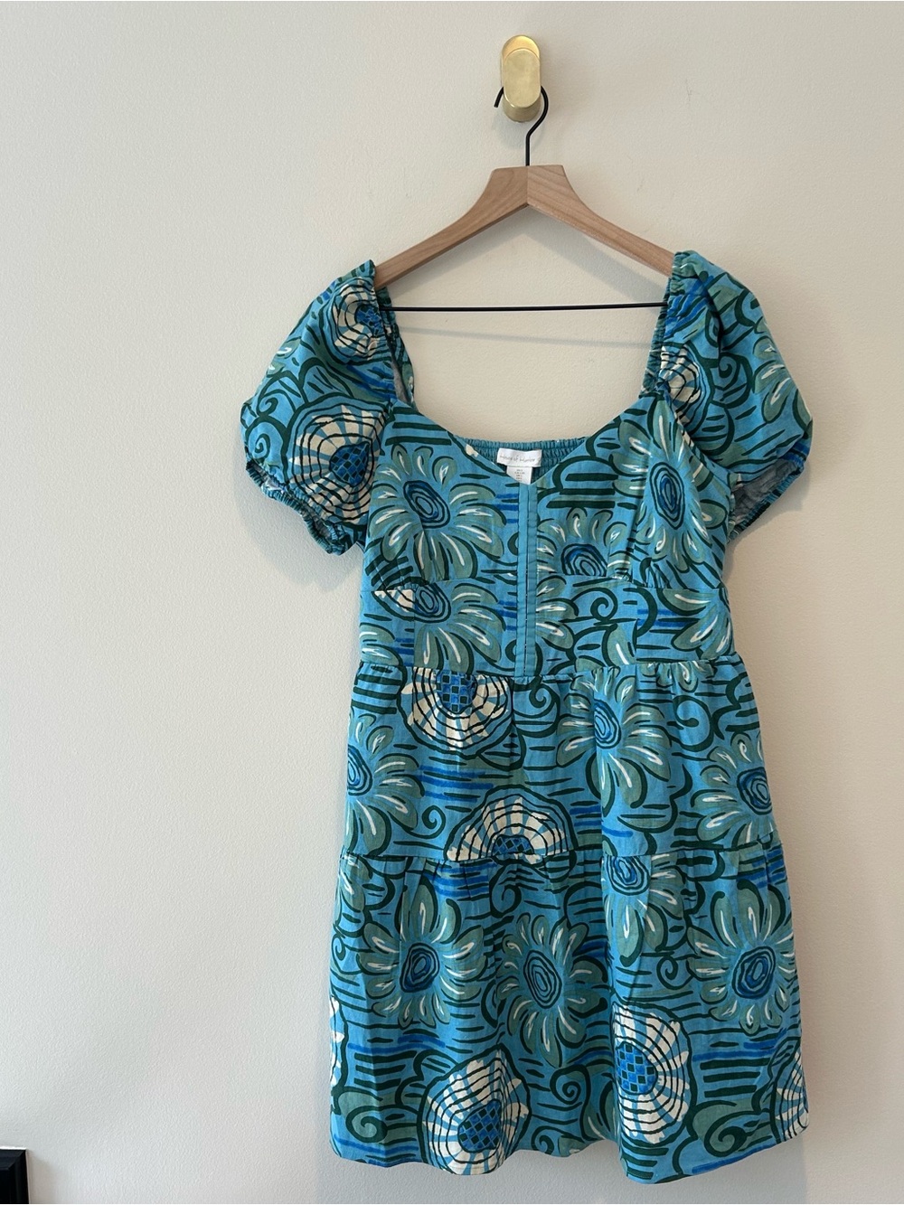 House of Harlow 1960 Teal Floral Puff-Sleeve Mini Dress Linen Blend